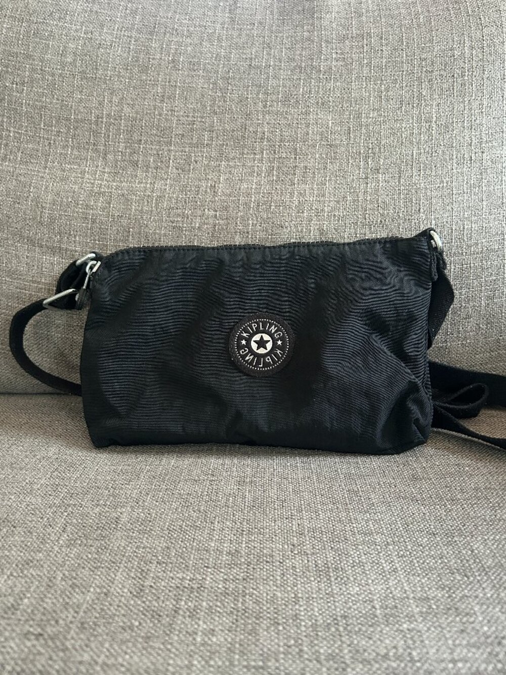 Kipling Black Nylon Crossbody Shoulder Bag Zip-Up Silver-Tone Monkey Keychain